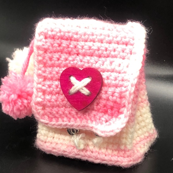 Bubblegum Pink & White Crochet Mini Backpack Keychain w/ Pom Poms, Heart Button - Picture 11 of 14